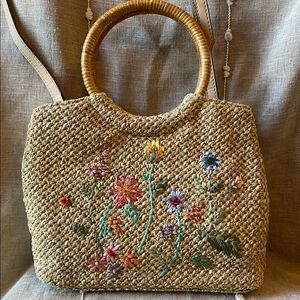 Floral Embroidered Straw Raffia Beige Handbag Crossbody
